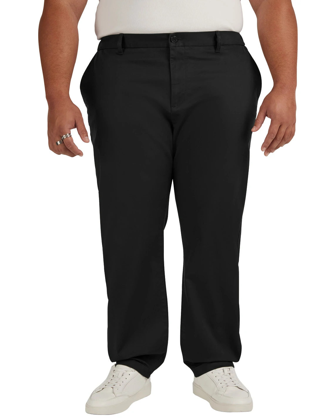 DexonMen big and tall black chinos, classic relaxed fit for casual weekend wear. Model 6'2 280 lbs wearing size 42Wx32L.