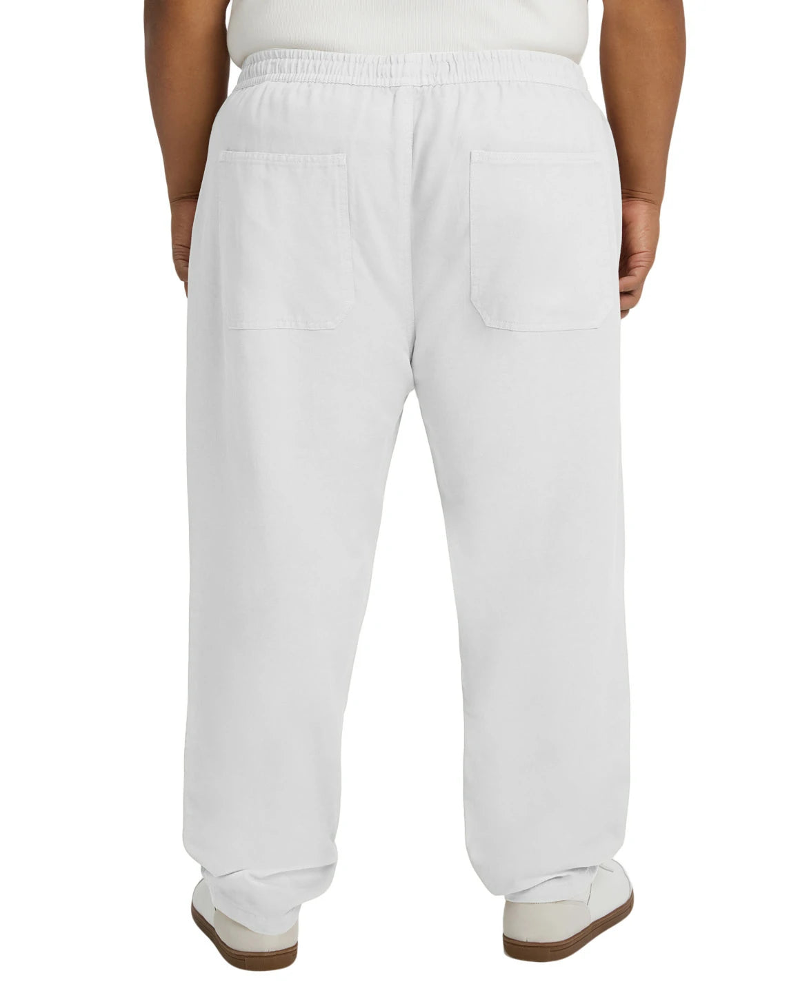 Rear view of DexonMen Premium White Linen Pants showcasing hidden dual-adjustable waist system with elastic band and drawstring design, ideal for business-casual occasions and professional