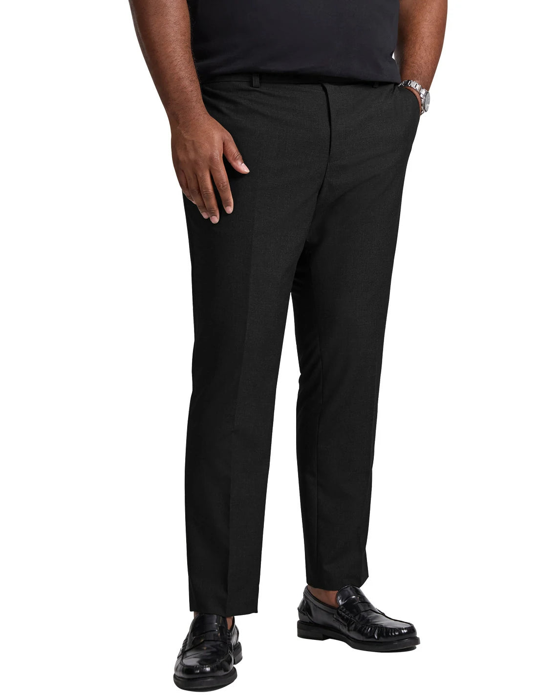 DexonMen Plus Size Black Dress Pants feature stretch fabric with a hidden adjustable waistband and wrinkle-resistant properties, suitable for business and casual occasions year-round.