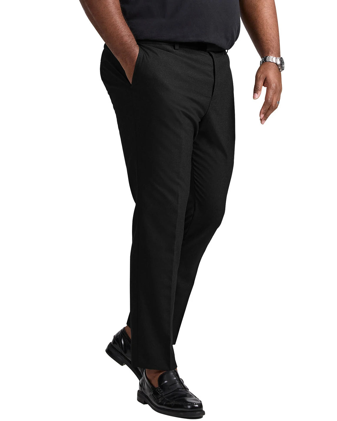 DexonMen Plus Size Black Stretch Dress Pants Side View Featuring a straight leg silhouette, hidden adjustable waistband, and the comfort of wrinkle-resistant fabric.