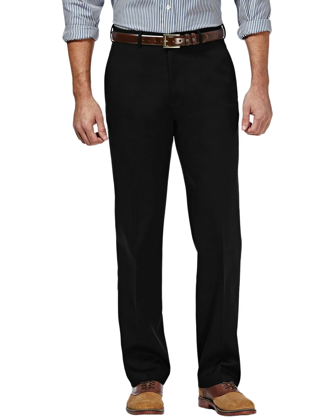Front view of DexonMen classic - fit black wrinkle - free dress pants, no - iron all - season with hidden expandable waistband, styled for polished look