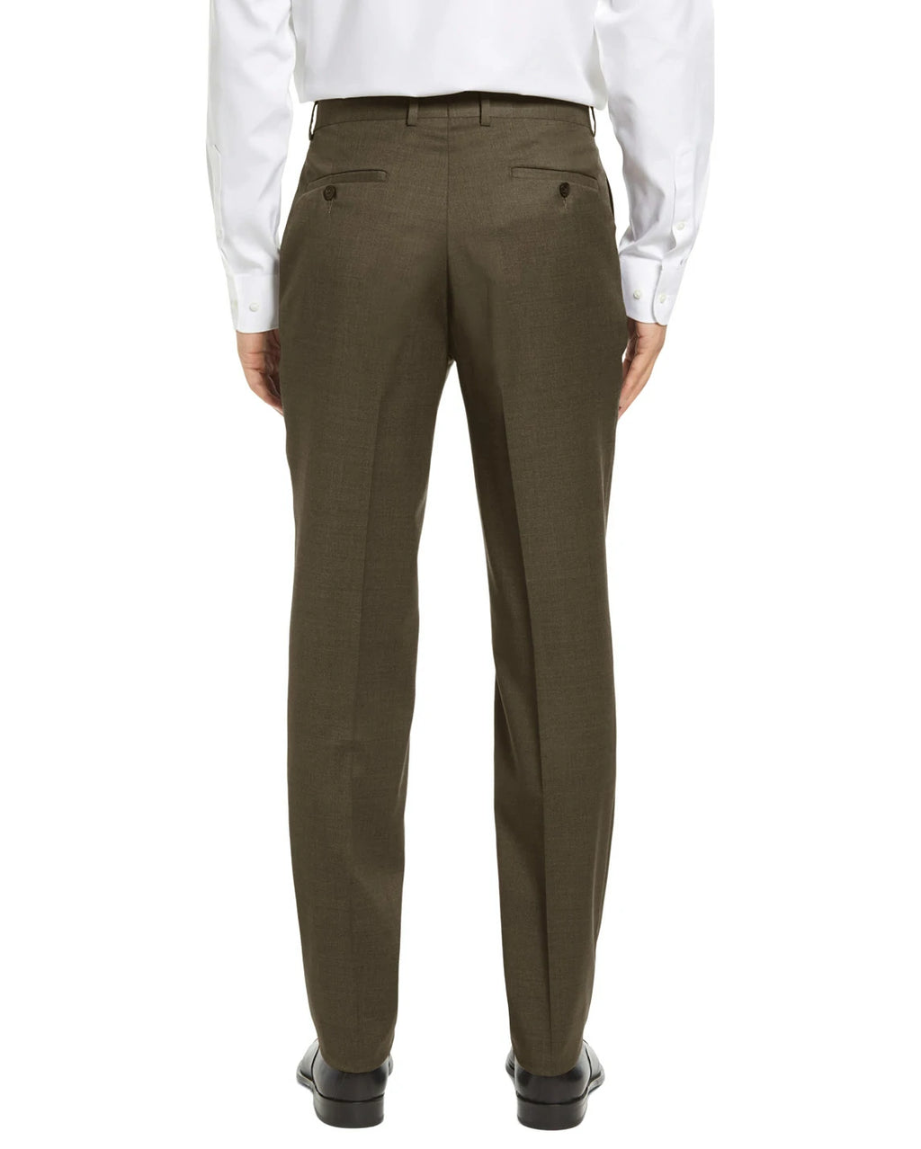 brown wrinkle-free dress pants, classic-fit back view, no-iron all-season hidden expandable waistband, DexonMen, 6'0 180 lbs, 32W×30L