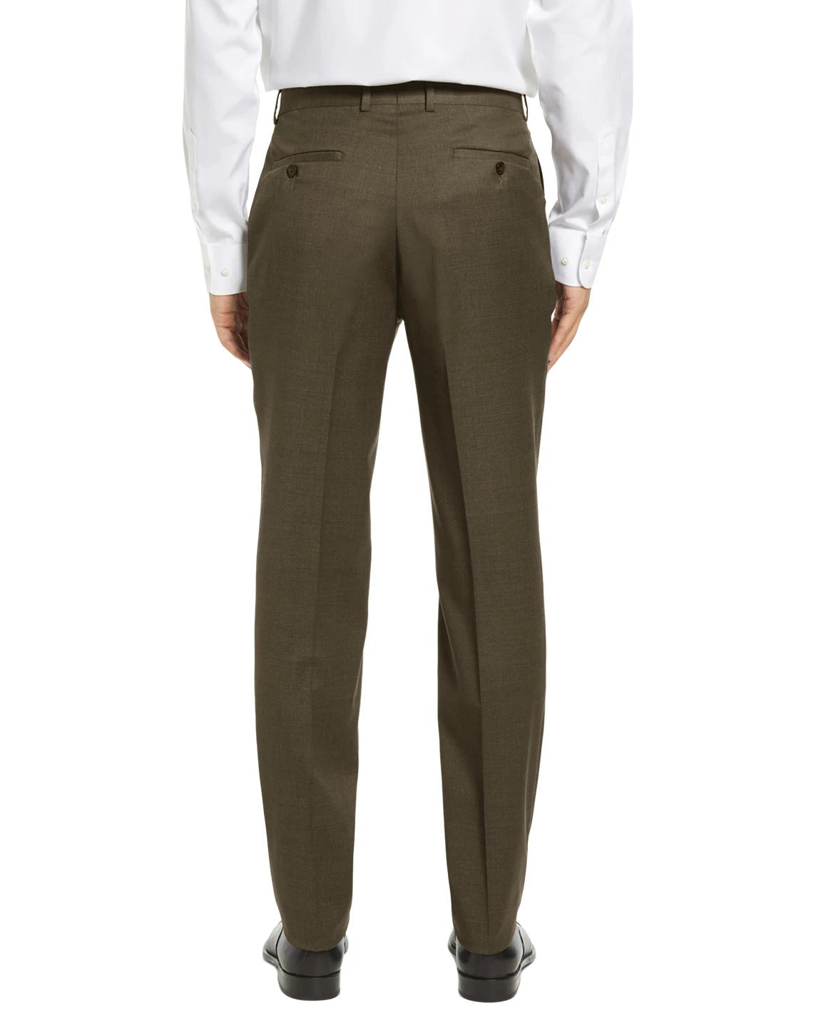 brown wrinkle-free dress pants, classic-fit back view, no-iron all-season hidden expandable waistband, DexonMen, 6'0 180 lbs, 32W×30L
