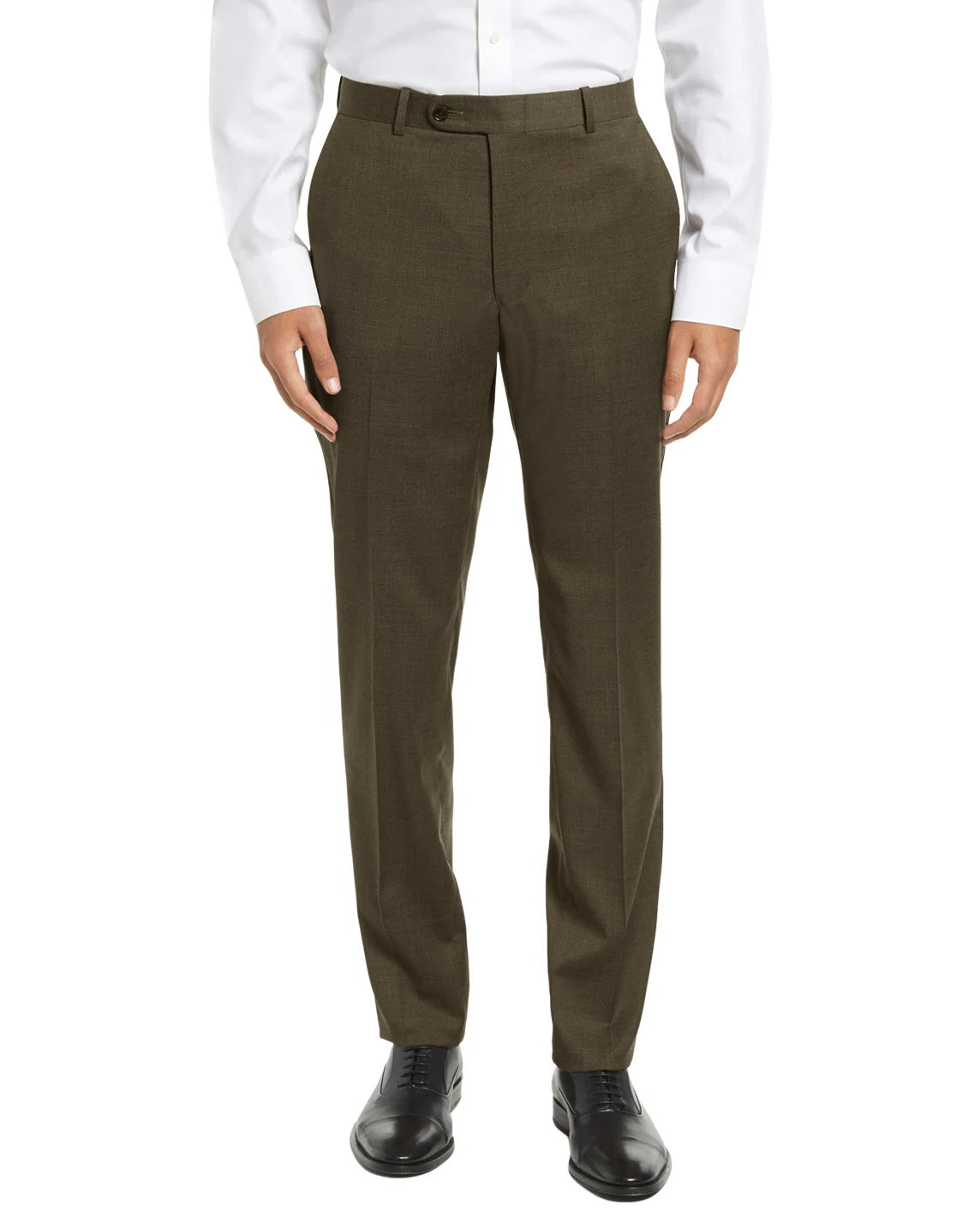 brown wrinkle-free dress pants, classic-fit front view, no-iron all-season hidden expandable waistband, DexonMen, 6'0 180 lbs, 32W×30L