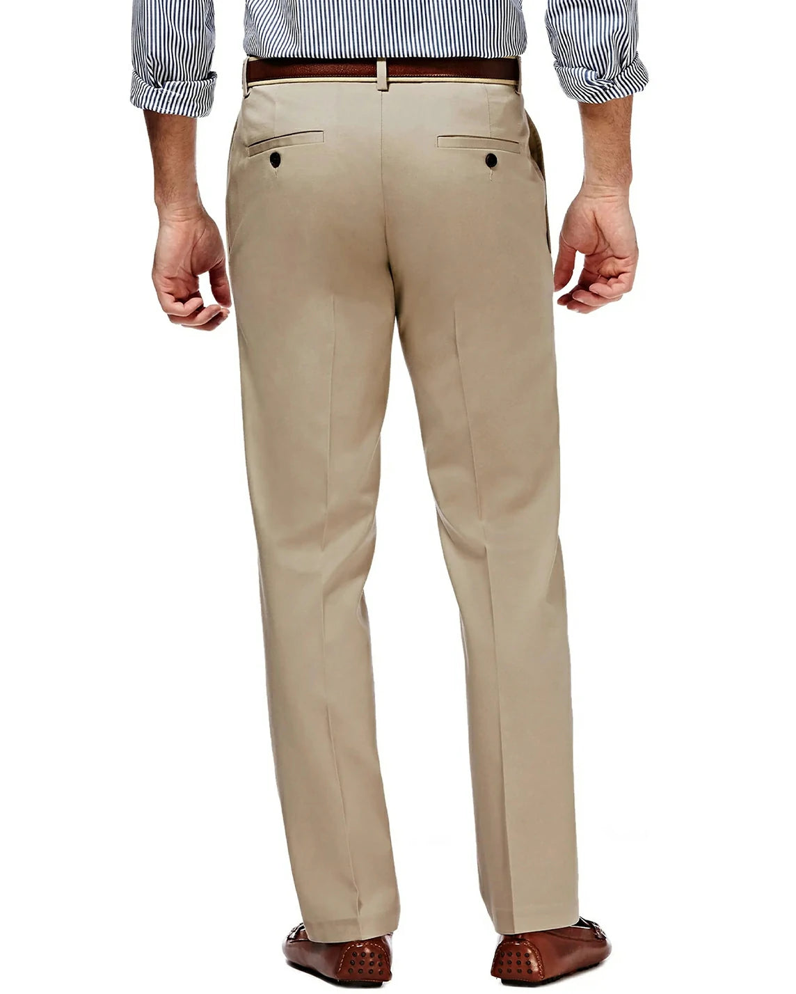 back view mens classic fit khaki dress pants featuring hidden expandable waist and wrinkle-free no-iron material, tailored drape without stretch