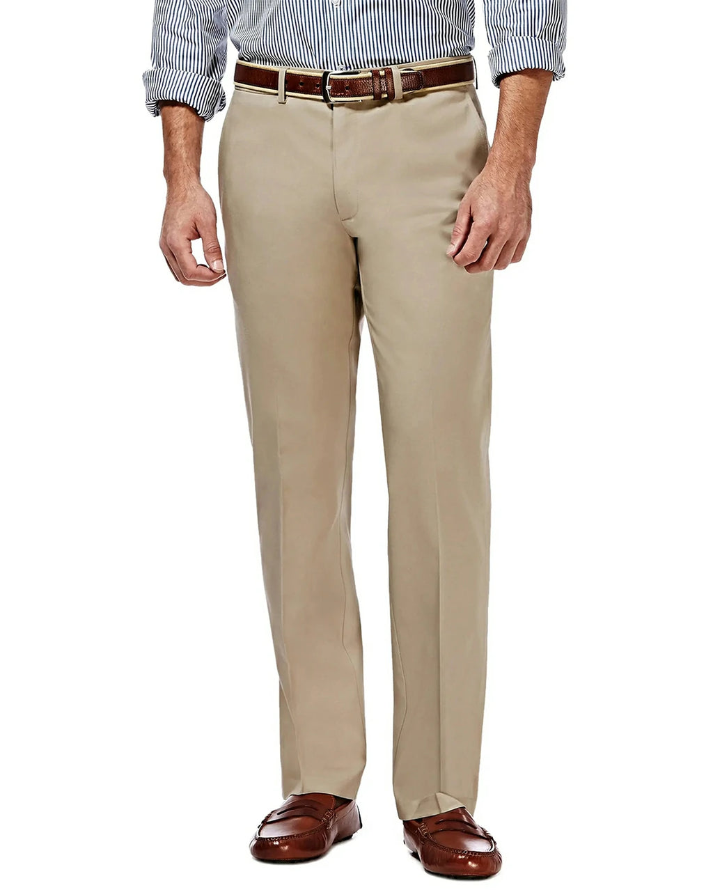 mens classic fit khaki dress pants front view – hidden expandable waist, no-iron wrinkle-free fabric for all-day sharp look