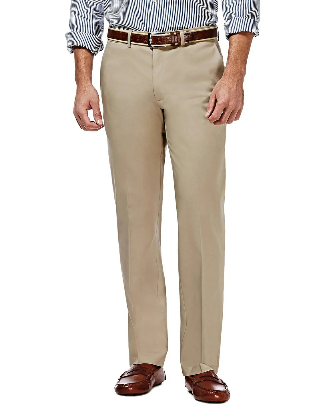 mens classic fit khaki dress pants front view – hidden expandable waist, no-iron wrinkle-free fabric for all-day sharp look