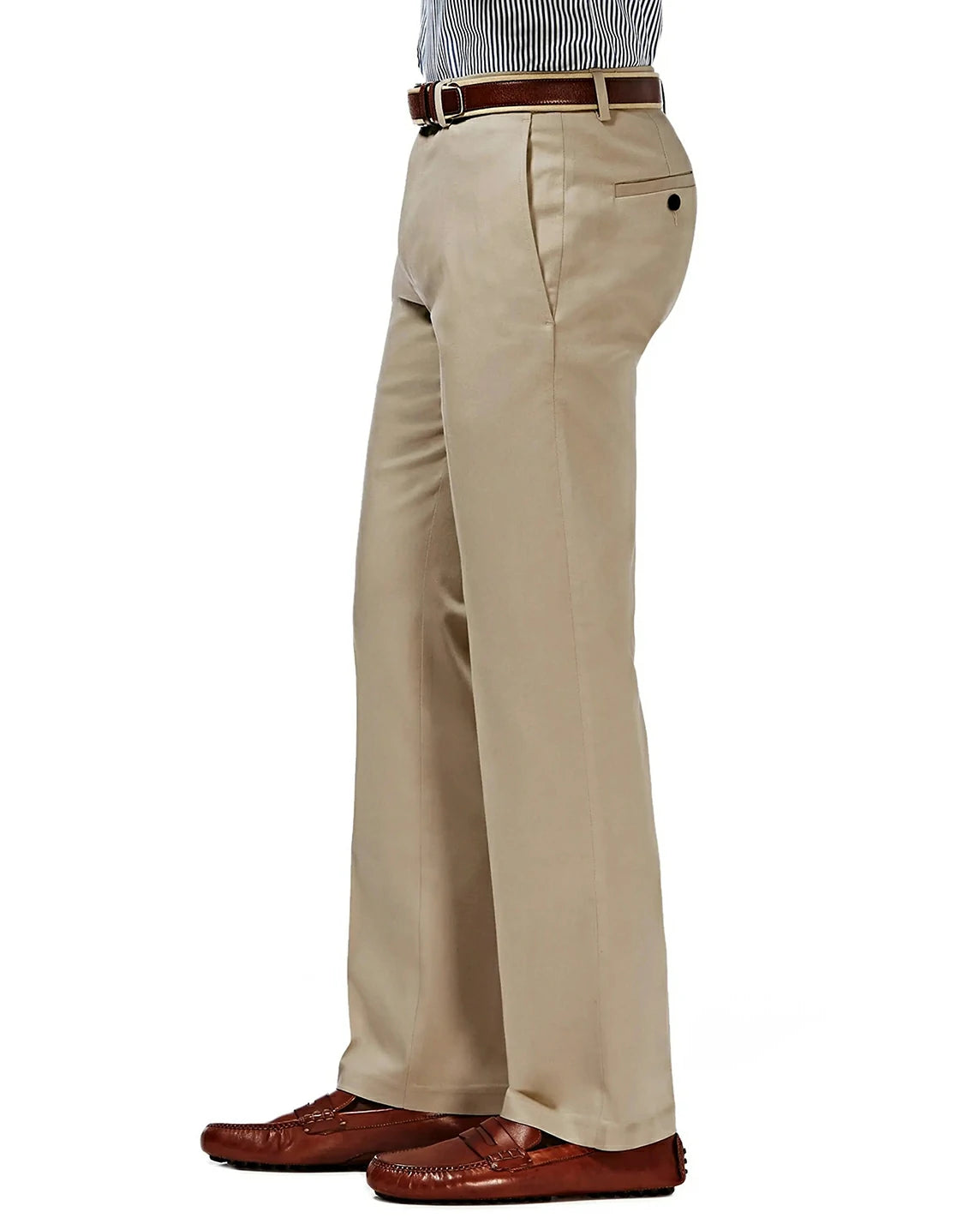 side angle of men's classic fit khaki dress pants with hidden expandable waistband, no-iron wrinkle-free finish for sleek office style