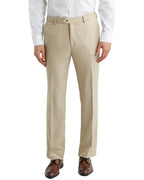 Front of DexonMen light khaki wrinkle - free dress pants, classic - fit with hidden expandable waistband