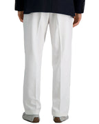 Back view mens classic fit white dress pants featuring hidden expandable waist and wrinkle-free no-iron material