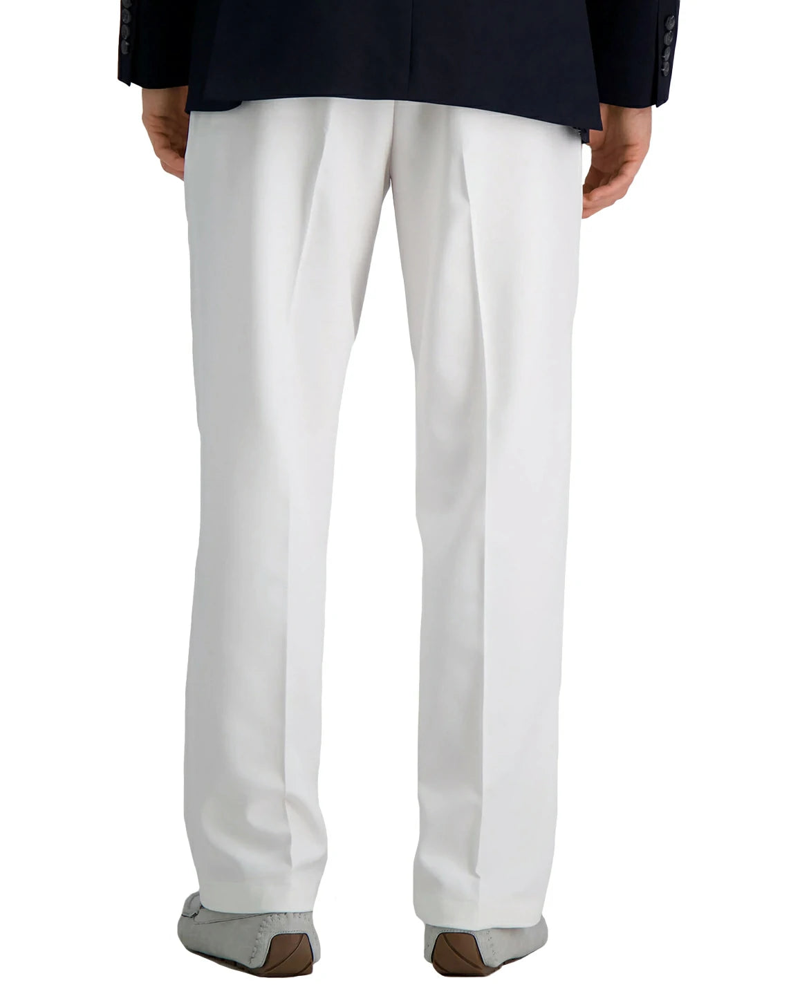 Back view mens classic fit white dress pants featuring hidden expandable waist and wrinkle-free no-iron material