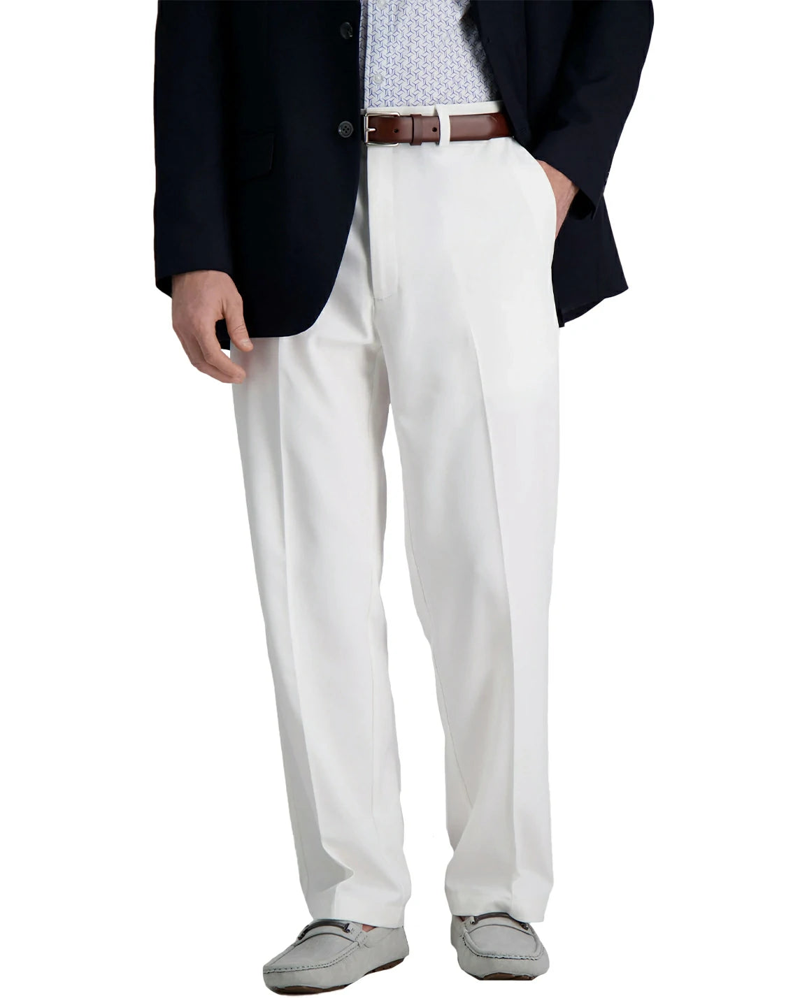 Mens classic fit white dress pants front view – hidden expandable waist, no-iron wrinkle-free fabric for sharp office style