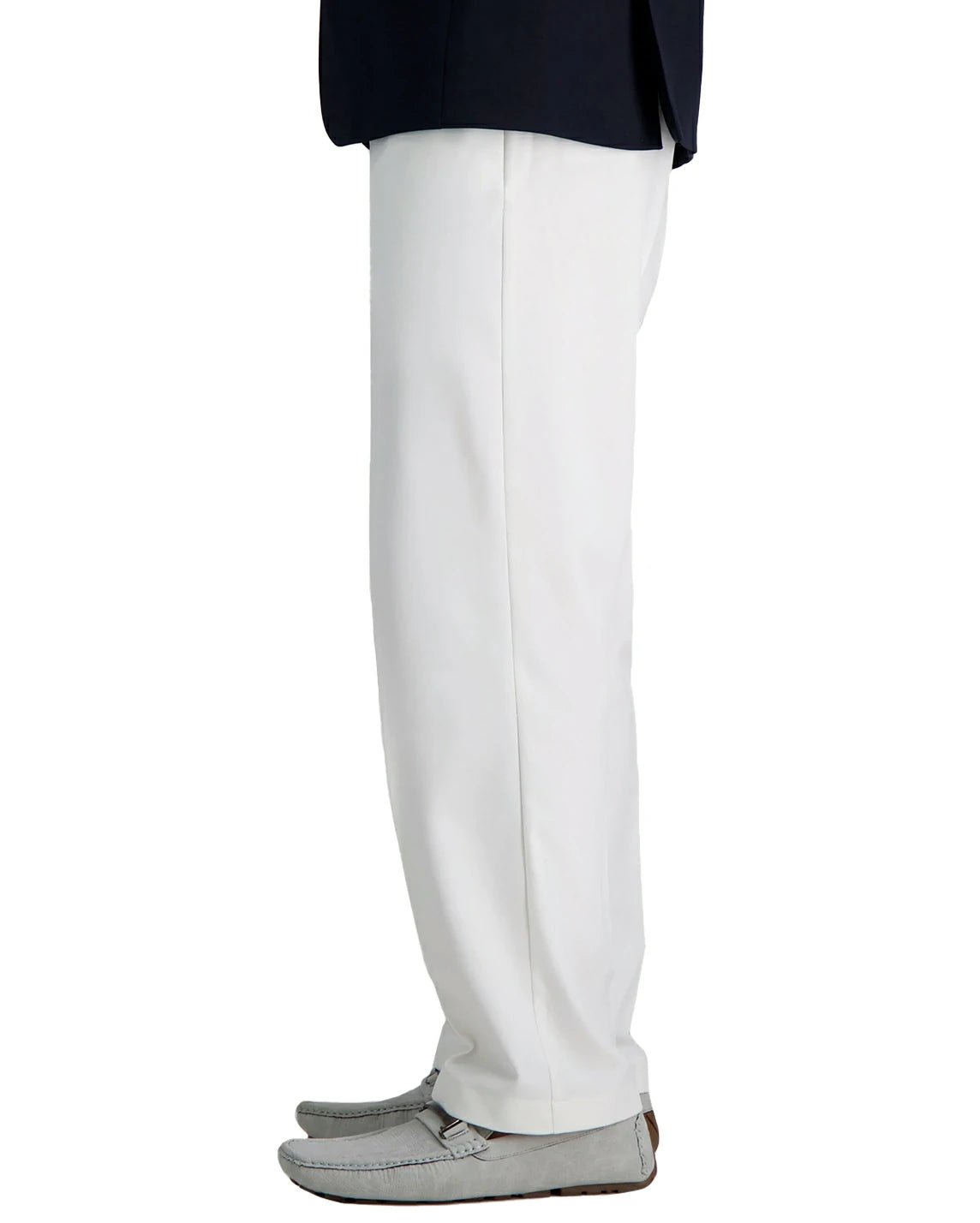 Side angle of mens classic fit white dress pants with hidden expandable waistband, no-iron wrinkle-free finish for sleek formal look