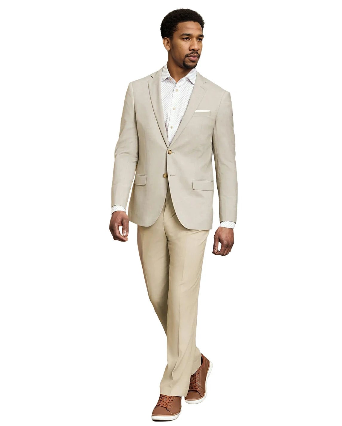 front view of a man wearing solid beige dress pants with button and zipper closure