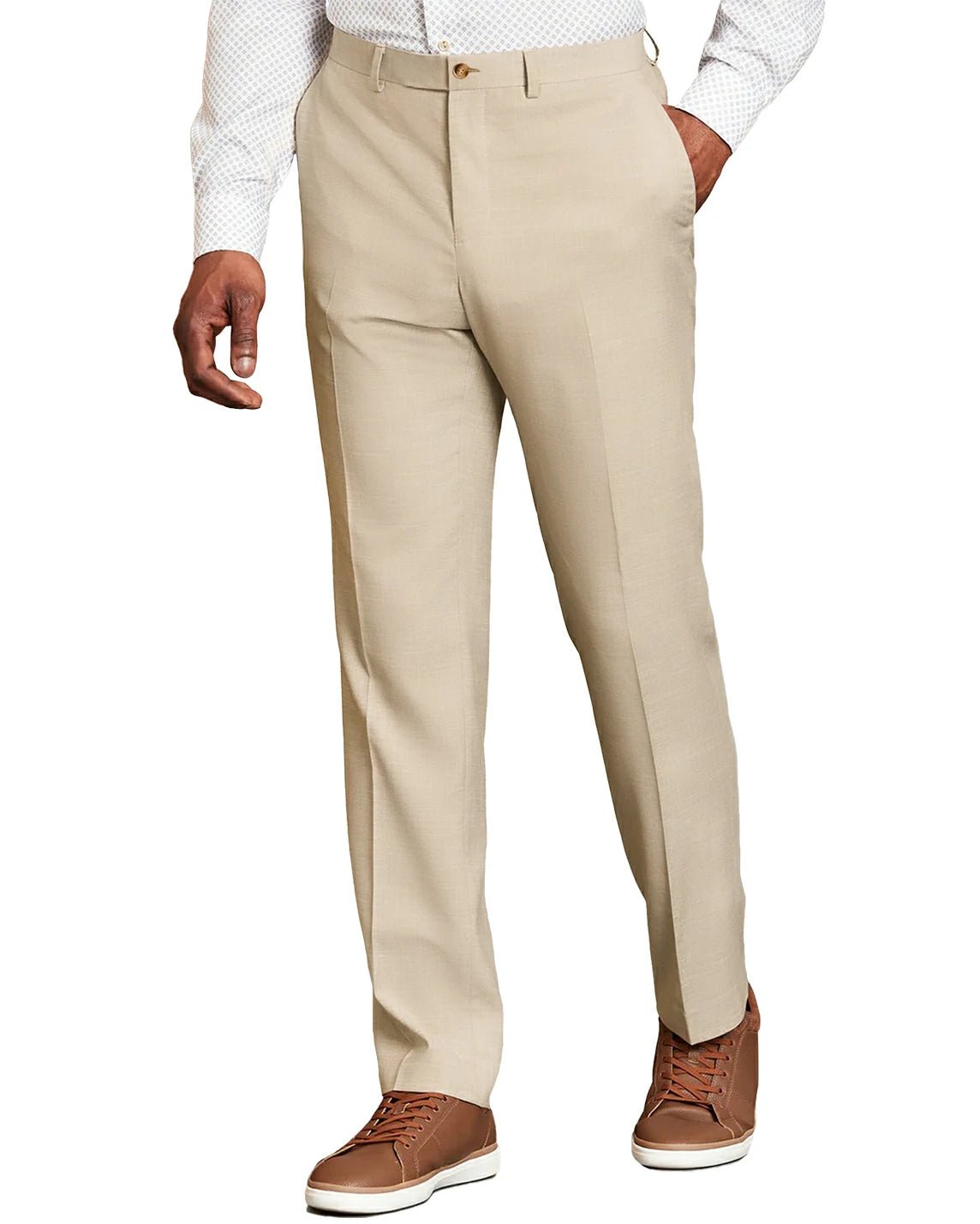 front view of a man wearing solid beige dress pants