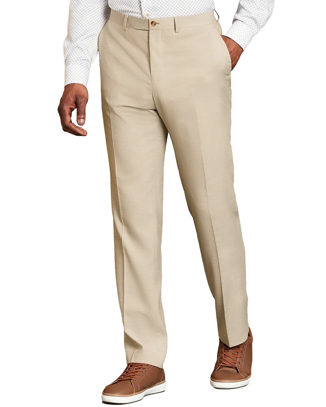 front view of a man wearing solid beige dress pants