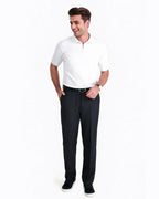 full front view of a man wearing solid black dress pants