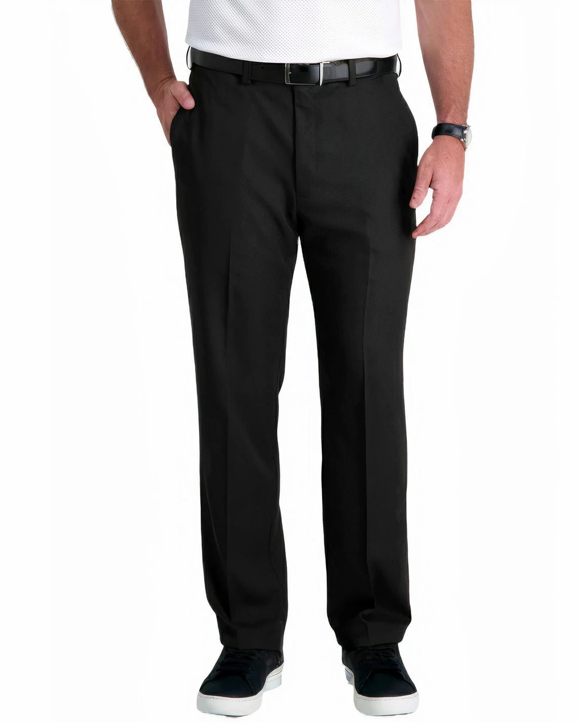 front view of a man wearing solid black dress pants with button and zipper closure