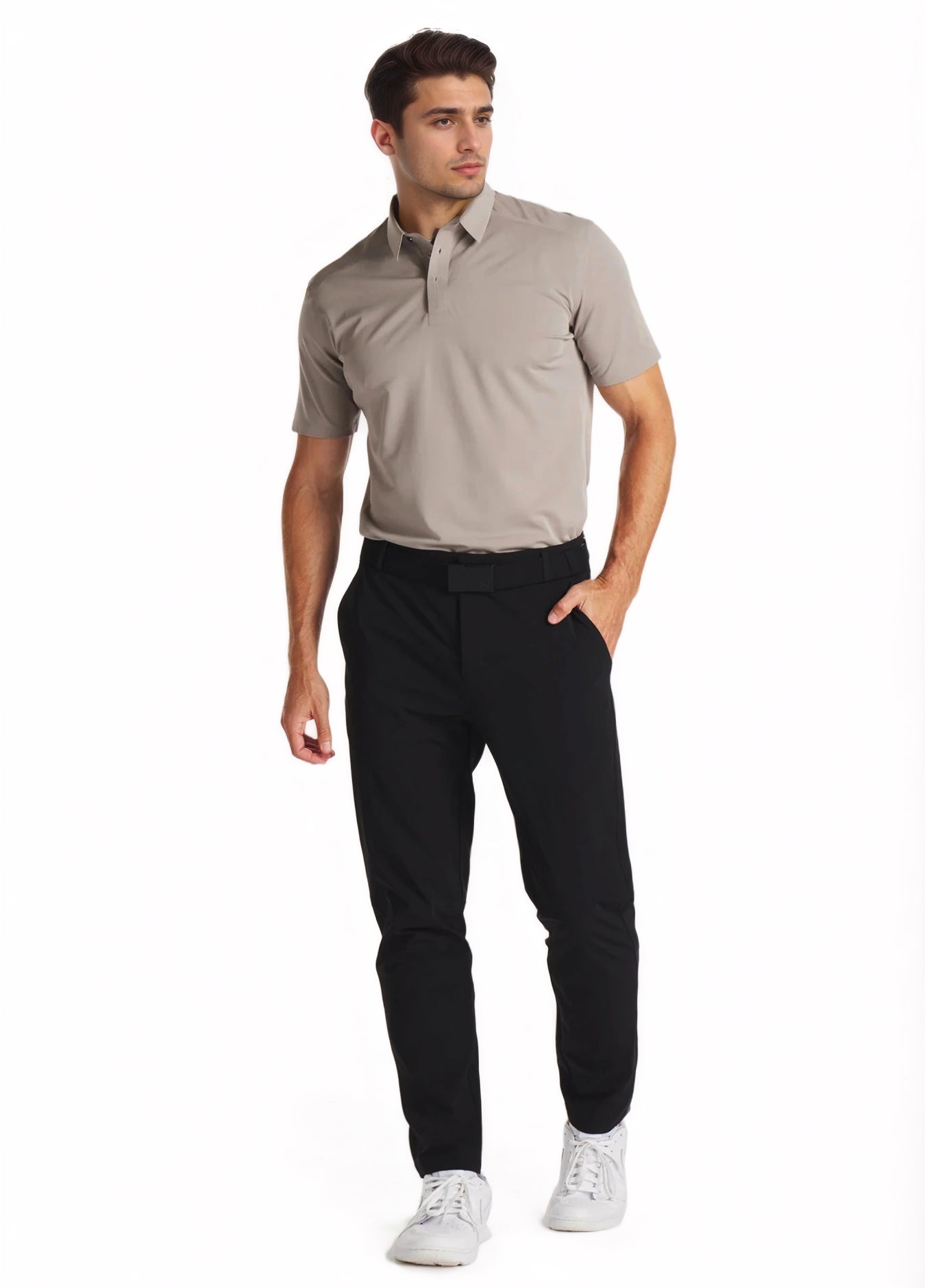 full front view of a man wearing solid black stretchy golf pants