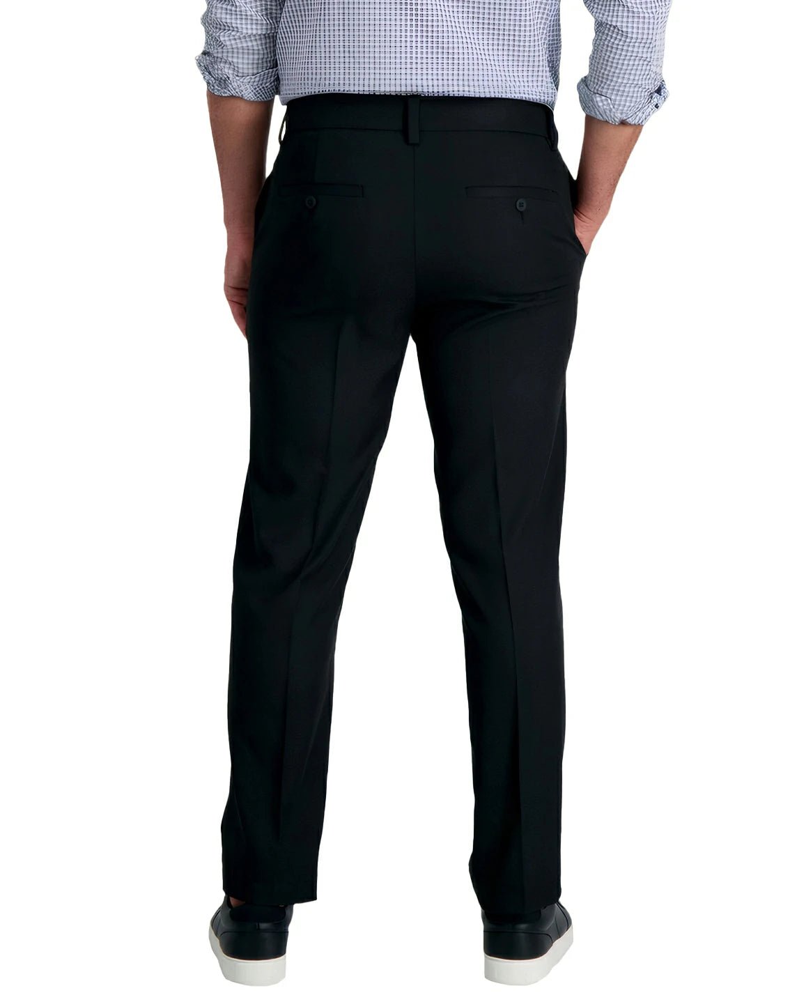 back view of a man wearing solid black dress pants with button back pockets