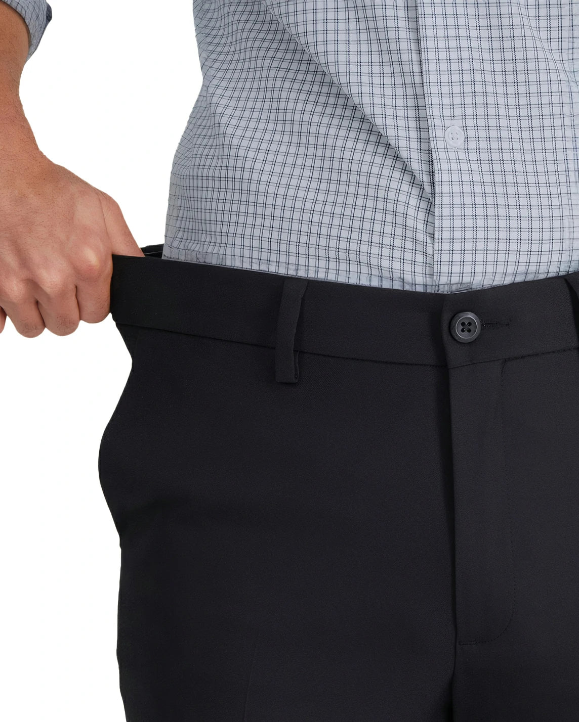 close-up of the elastic waist of men's black pants