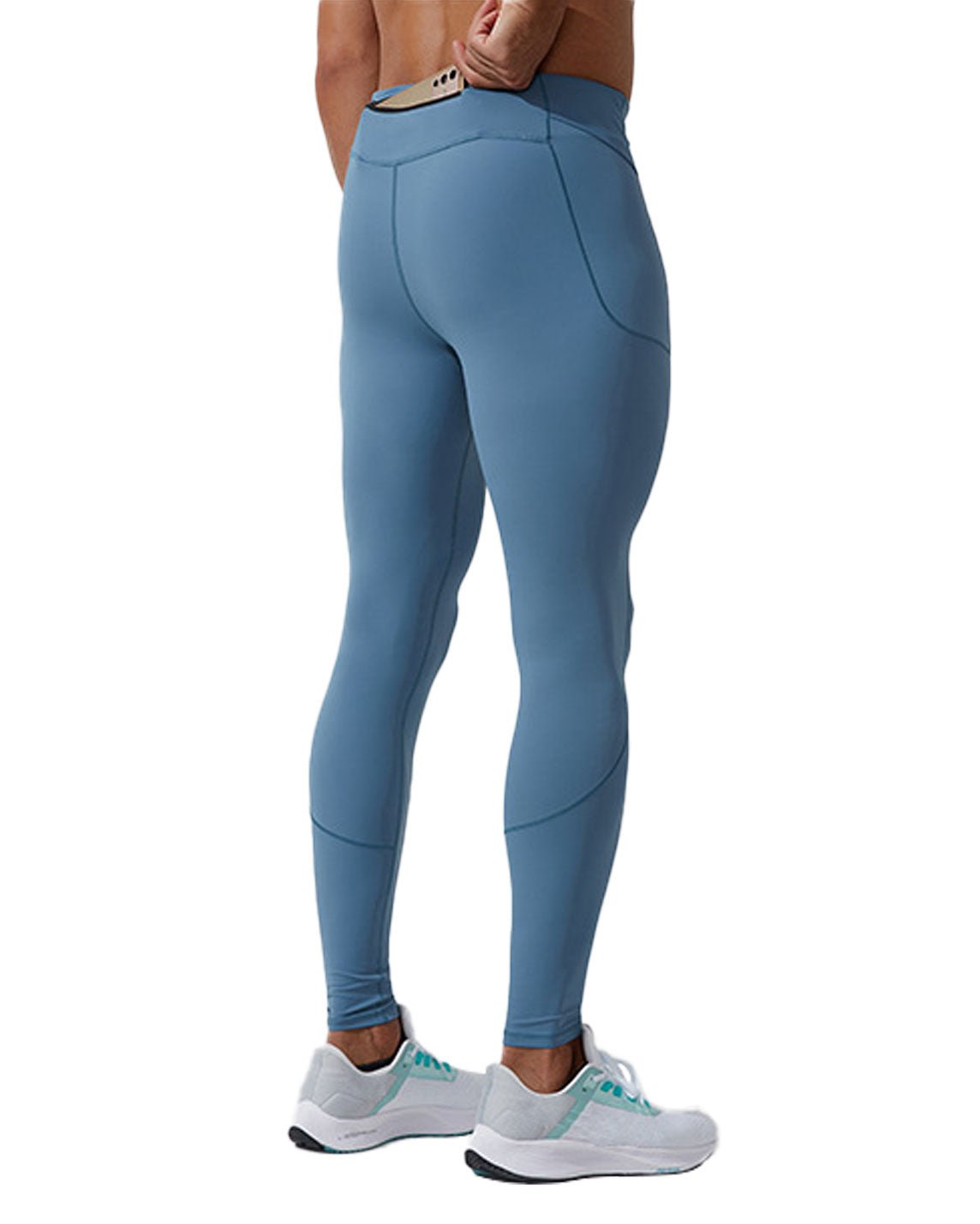 back view of a man wearing sky blue athletic leggings with hidden back pockets