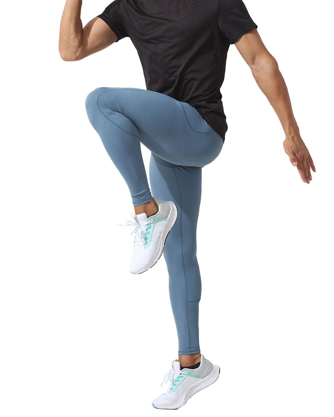 a man wearing sky blue athletic leggings