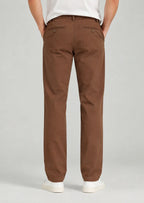 Back view of men's classic fit brown cotton pants with button welt back pockets, non-stretch casual trousers