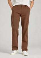 Close-up men's brown flat front cotton pants, regular fit casual dress pants with expandable waistband detail