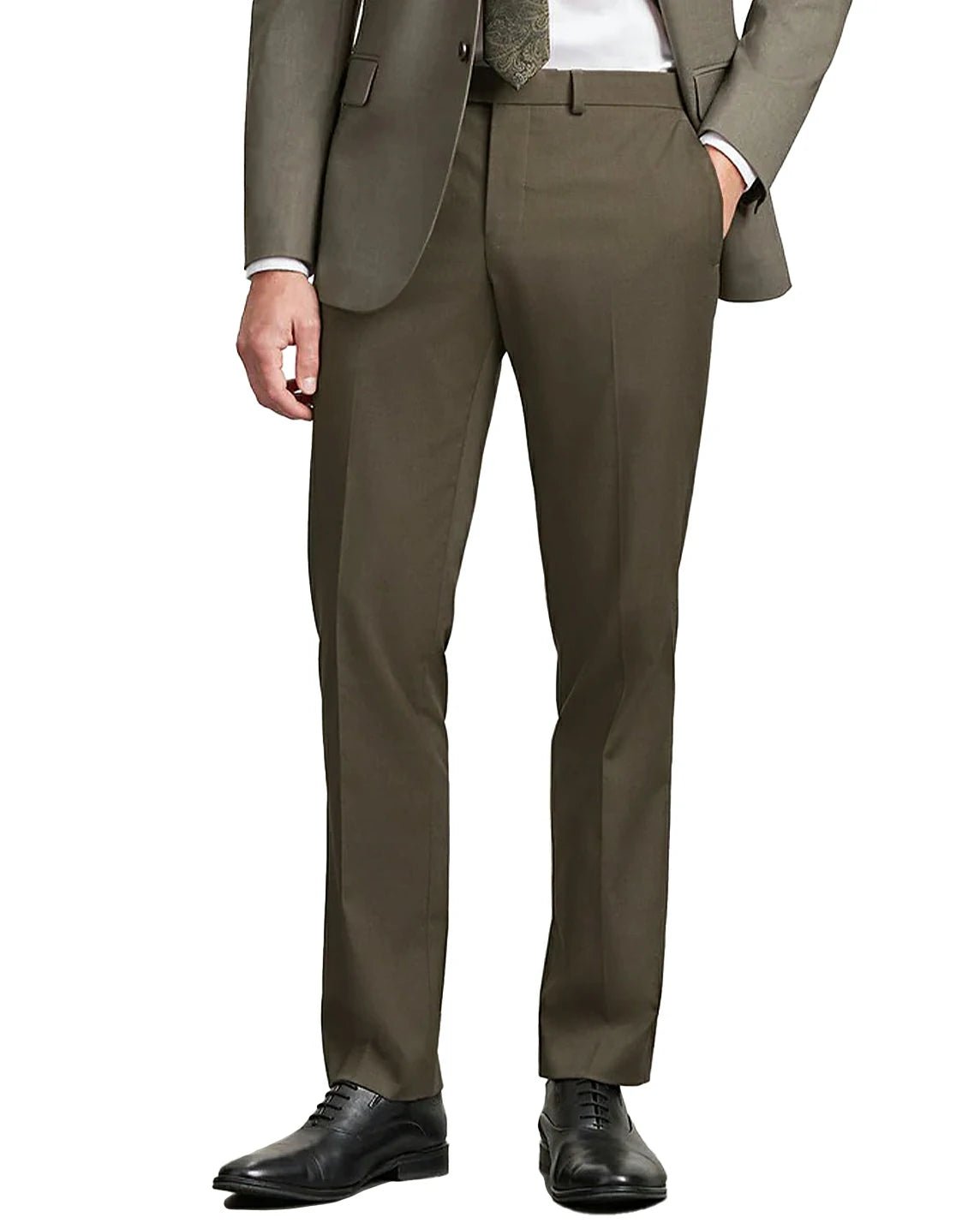 front view of a man wearing solid brown dress pants with button and zipper closure