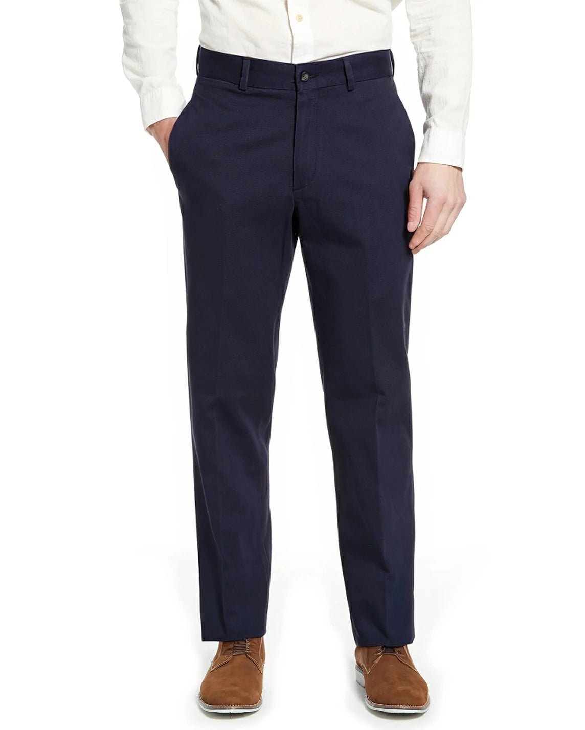 front view of a men wearing solid navy blue button-up casual pants