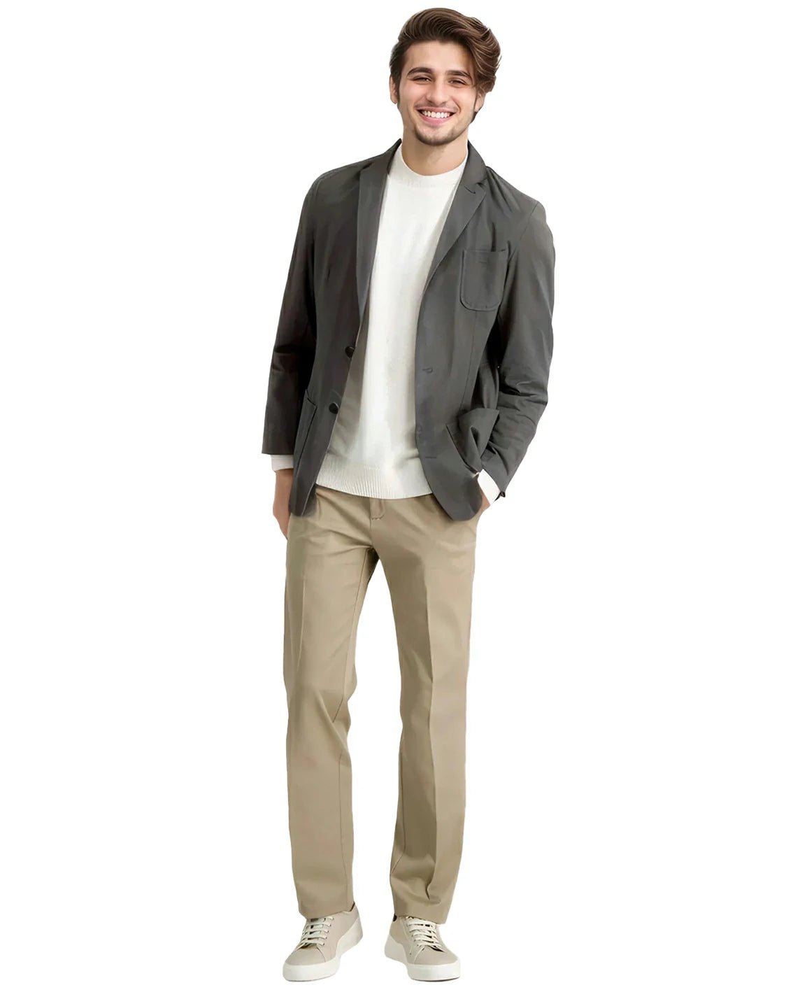 full front view of a man wearing solid khaki casual pants