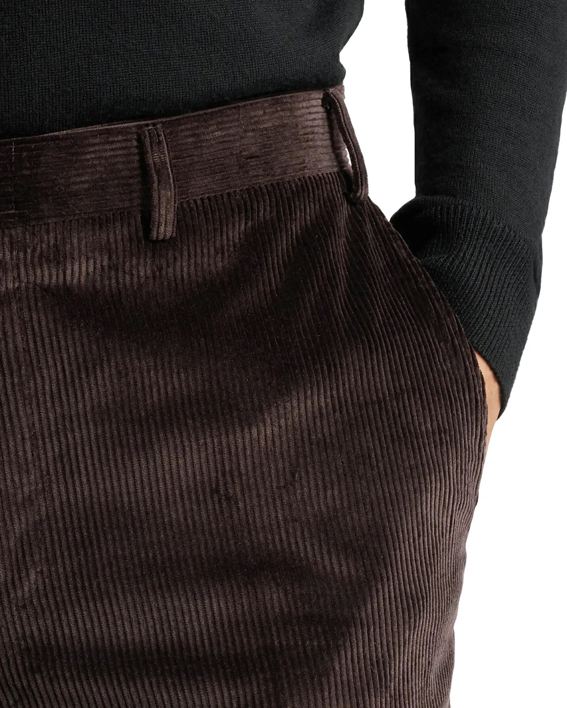 close-up of the side pocket of men's brown corduroy pants