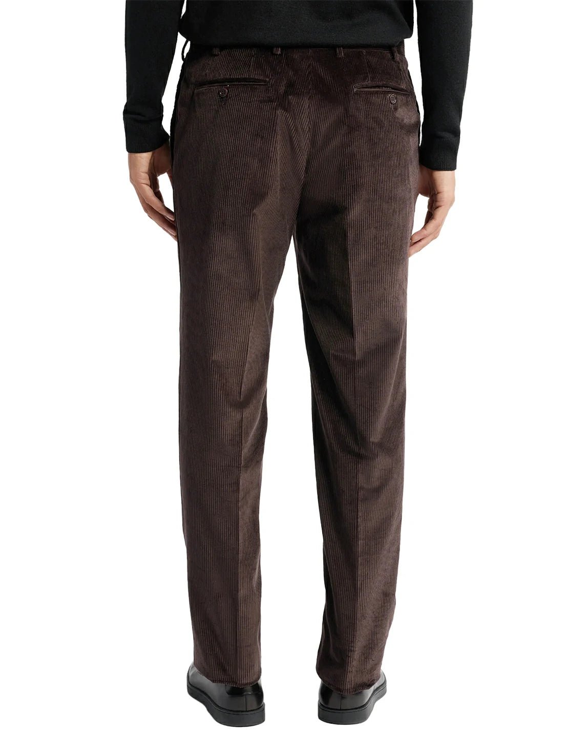 back view of a man wearing solid brown corduroy pants with button back pockets