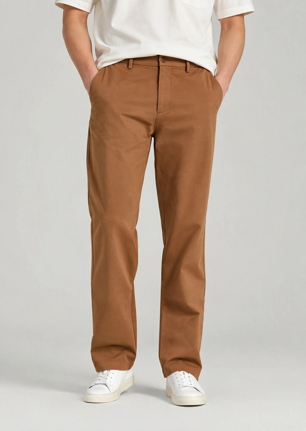 Close-up men's dark khaki flat front cotton pants, regular fit casual dress pants with expandable waistband detail