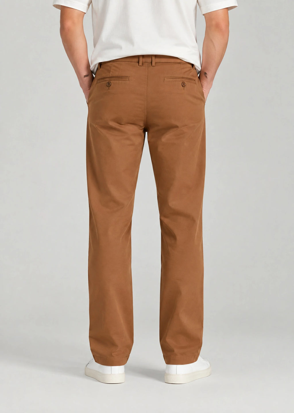 Back view of men's classic fit dark khaki cotton pants with button welt back pockets, non-stretch casual trousers