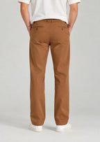 Back view of men's classic fit dark khaki cotton pants with button welt back pockets, non-stretch casual trousers