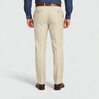 Back view of Dexonmen men's sand dress pants with buttoned rear pockets and clean classic fit