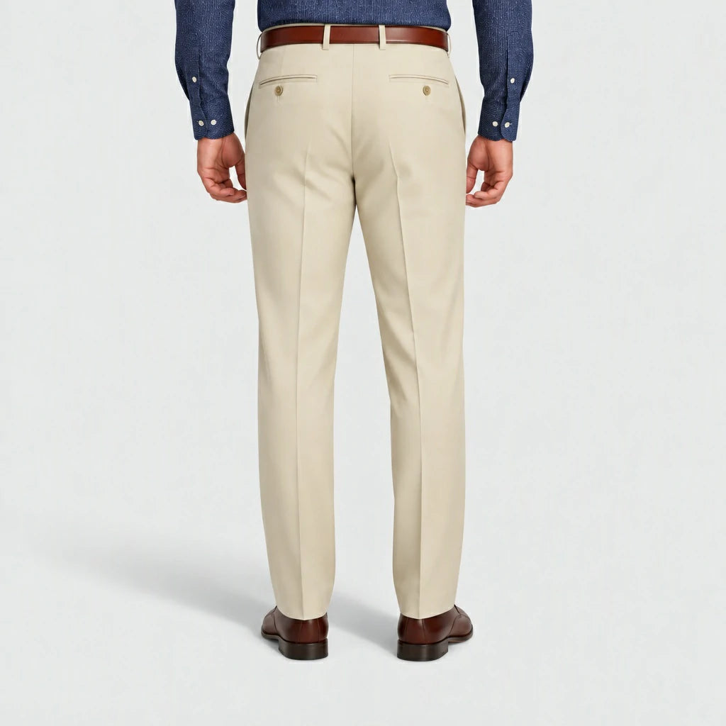 Back view of Dexonmen men's sand dress pants with buttoned rear pockets and clean classic fit