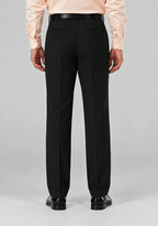 Back view of Dexonmen men's black classic fit dress pants, pleated business trousers with button welt pockets