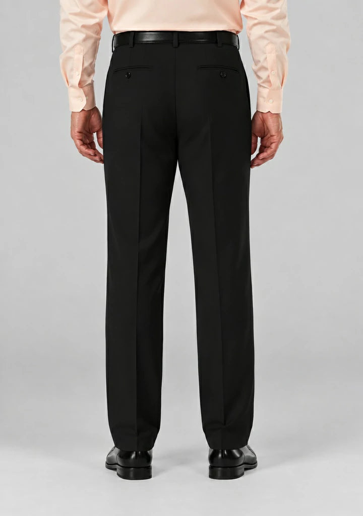 Back view of Dexonmen men's black classic fit dress pants, pleated business trousers with button welt pockets