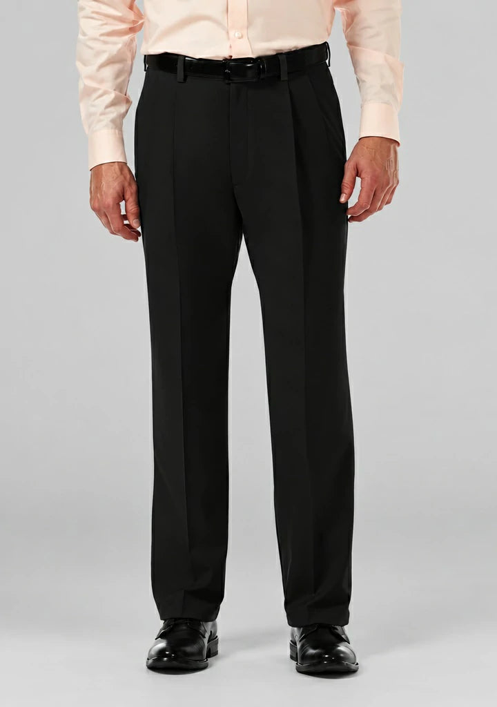 Dexonmen men's black pleated dress pants with hidden expandable waistband, classic fit non-stretch trousers, front view