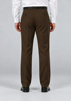Back view of Dexonmen men's brown classic fit dress pants, pleated business trousers with button welt pockets