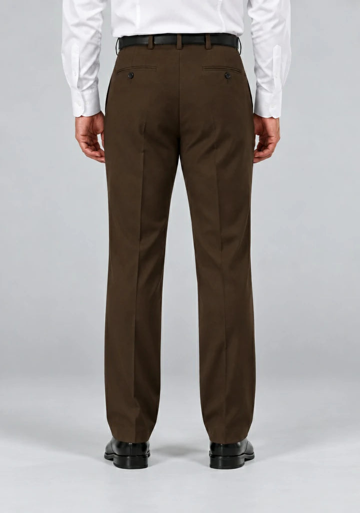 Back view of Dexonmen men's brown classic fit dress pants, pleated business trousers with button welt pockets