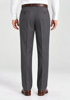 Back view of Dexonmen men's charcoal grey classic fit dress pants, pleated business trousers with button welt pockets