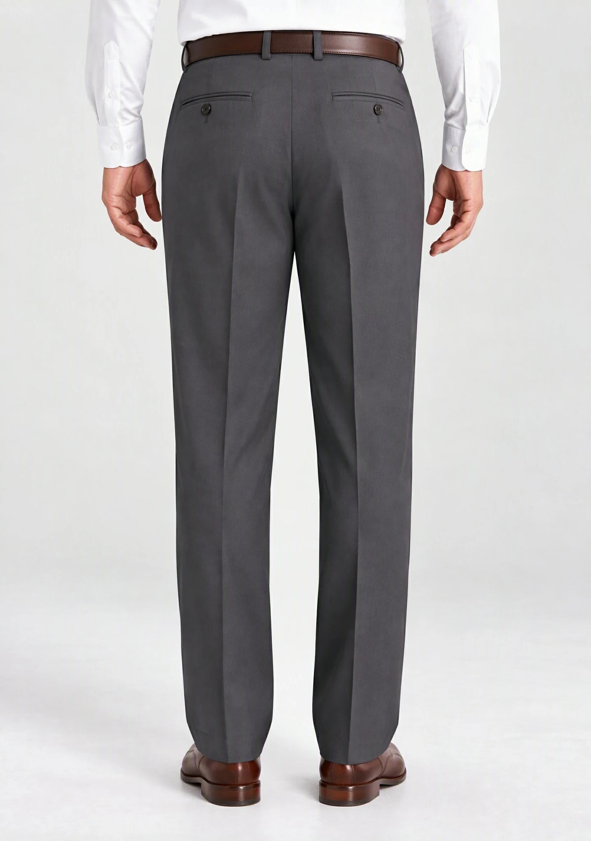 Back view of Dexonmen men's charcoal grey classic fit dress pants, pleated business trousers with button welt pockets