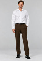Man wearing Dexonmen men's chocolate brown pleated dress pants with white dress shirt, classic fit business office look