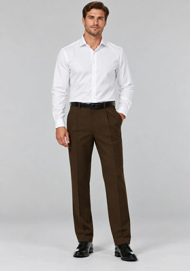 Man wearing Dexonmen men's chocolate brown pleated dress pants with white dress shirt, classic fit business office look