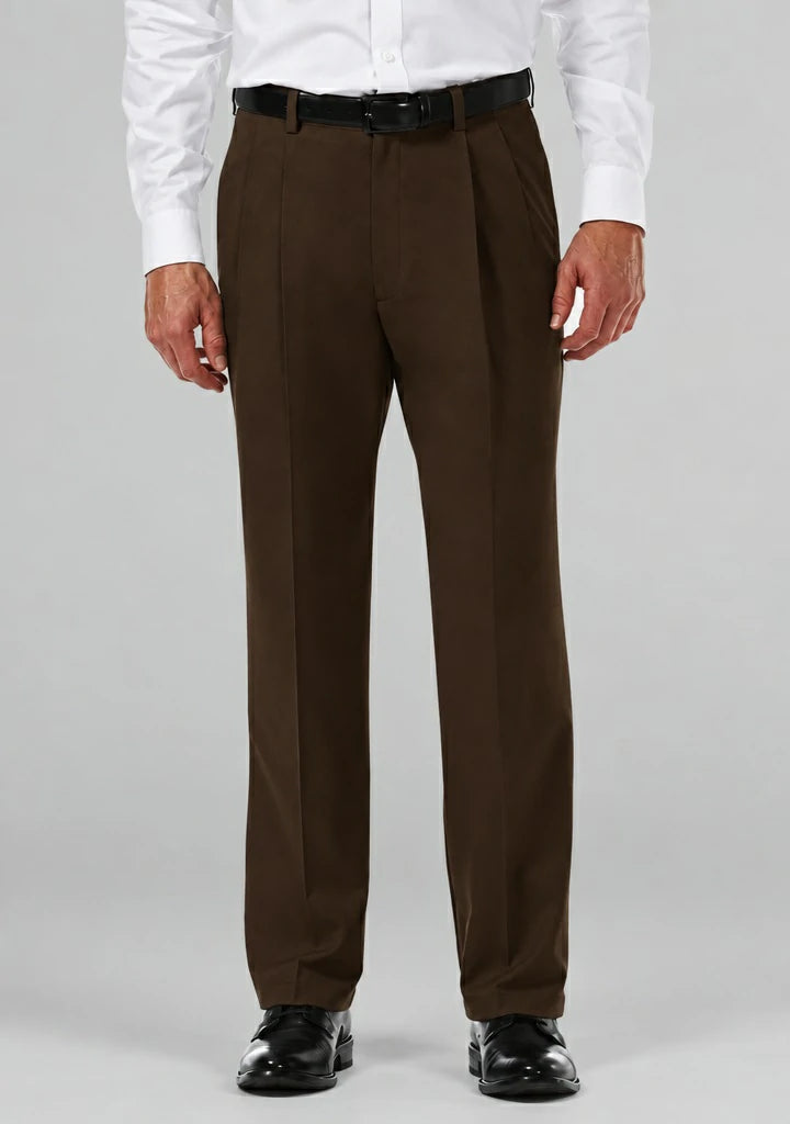 Dexonmen men's chocolate brown pleated dress pants with hidden expandable waistband, classic fit non-stretch trousers, front view