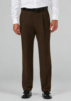 Dexonmen men's chocolate brown pleated dress pants with hidden expandable waistband, classic fit non-stretch trousers, front view